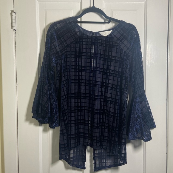 Lauren Conrad Navy Sheer Velvet Top Blouse with Bell Sleeves - Picture 4 of 13